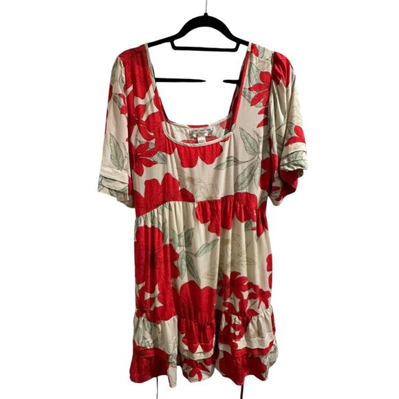 ✌️ 2/$40 ✌️ Red & Beige Floral Print Tunic Dress, Short Sleeves & Tassel sz M - Picture 1 of 9
